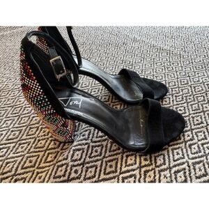 Toral Black Suede Beaded Block Heel Sandals Ankle Strap Made in Spain Size 39